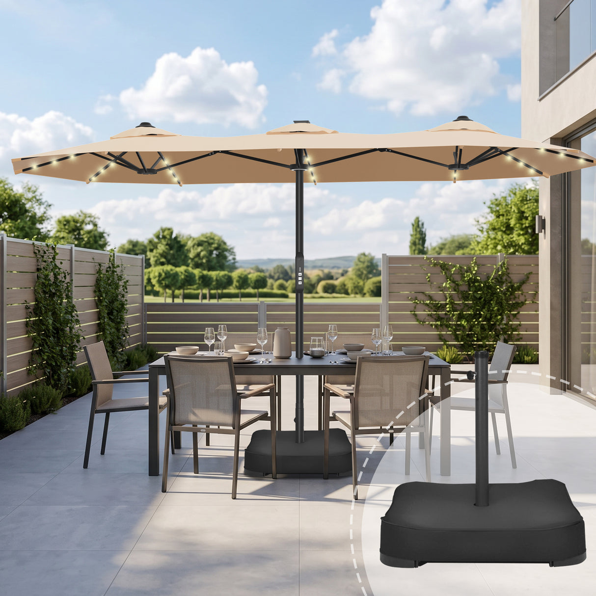 Patioslife Aegis Premium Motorized Double-Sided Patio Umbrella — Remote Control, UPF 50+, Solar LED & Windproof Frame