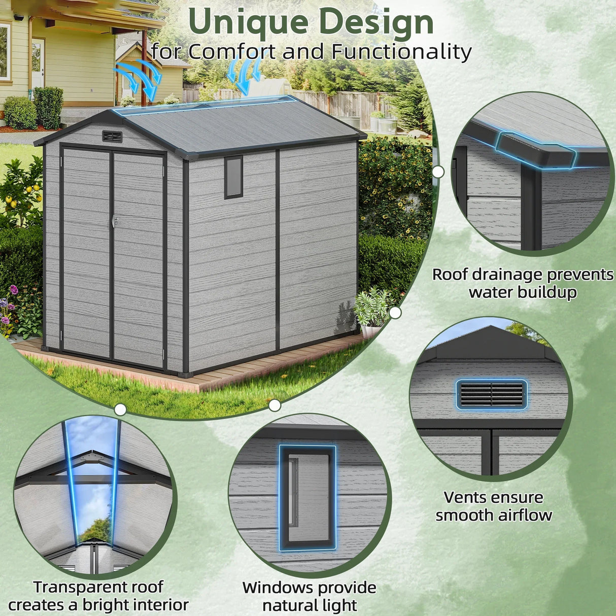 Outdoor Storage Shed with Floor Patioslife YardVault , All-Weather Waterproof Plastic Garden Shed in Resin with Lock and Window for Backyard, Heavy-Duty Storage Shed for Tools, Bikes & Lawn Equipment