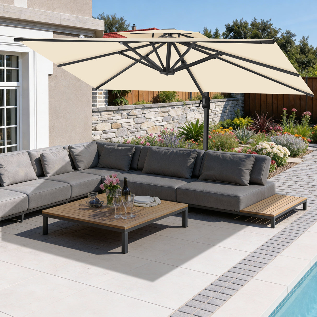 Patioslife 10x13 ft cream cantilever umbrella shading outdoor sectional sofa and coffee table by backyard pool