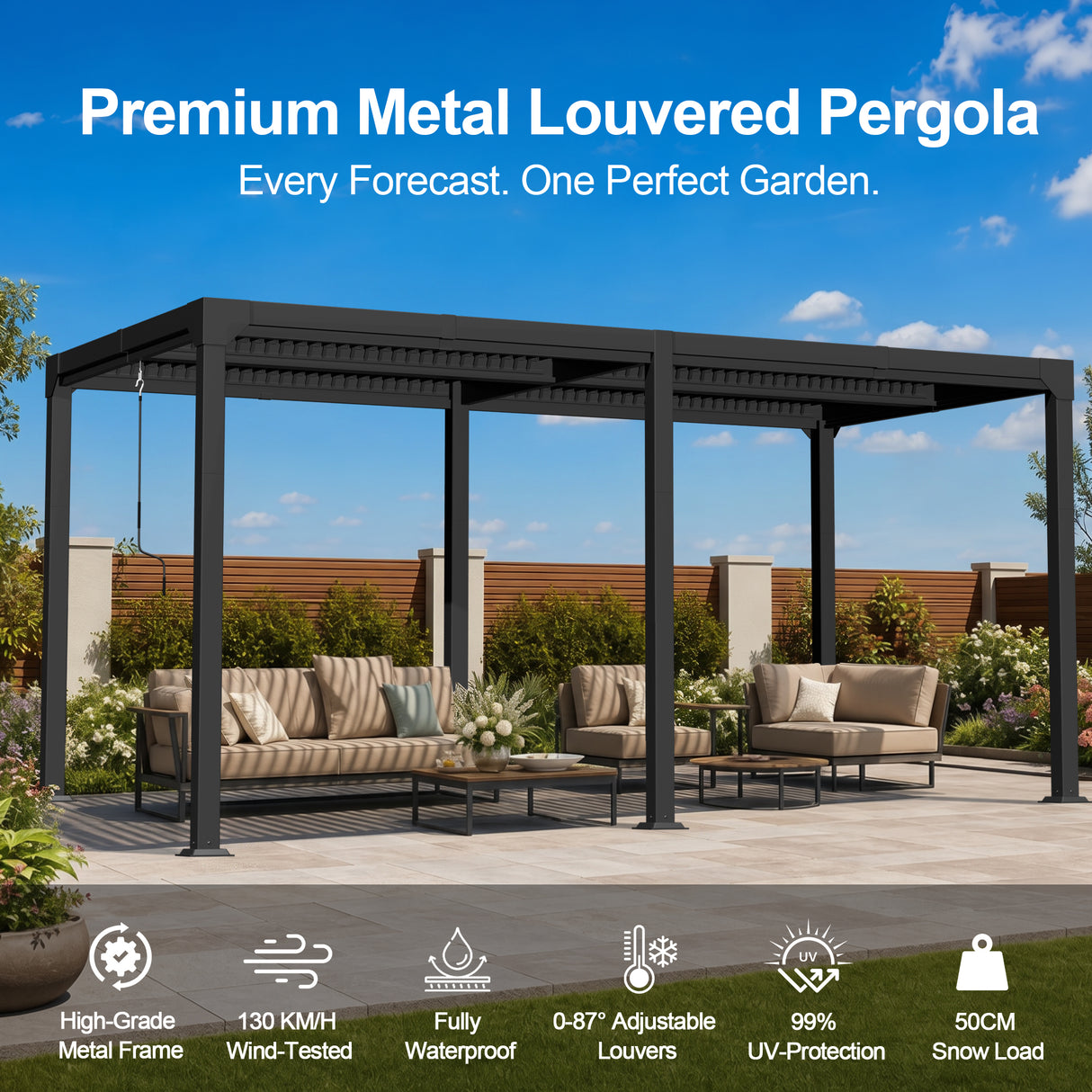 Patioslife Atlantic | Metal Louvered Pergola with Adjustable Roof, Freestanding All-Weather Shelter for Deck, Patio & Poolside