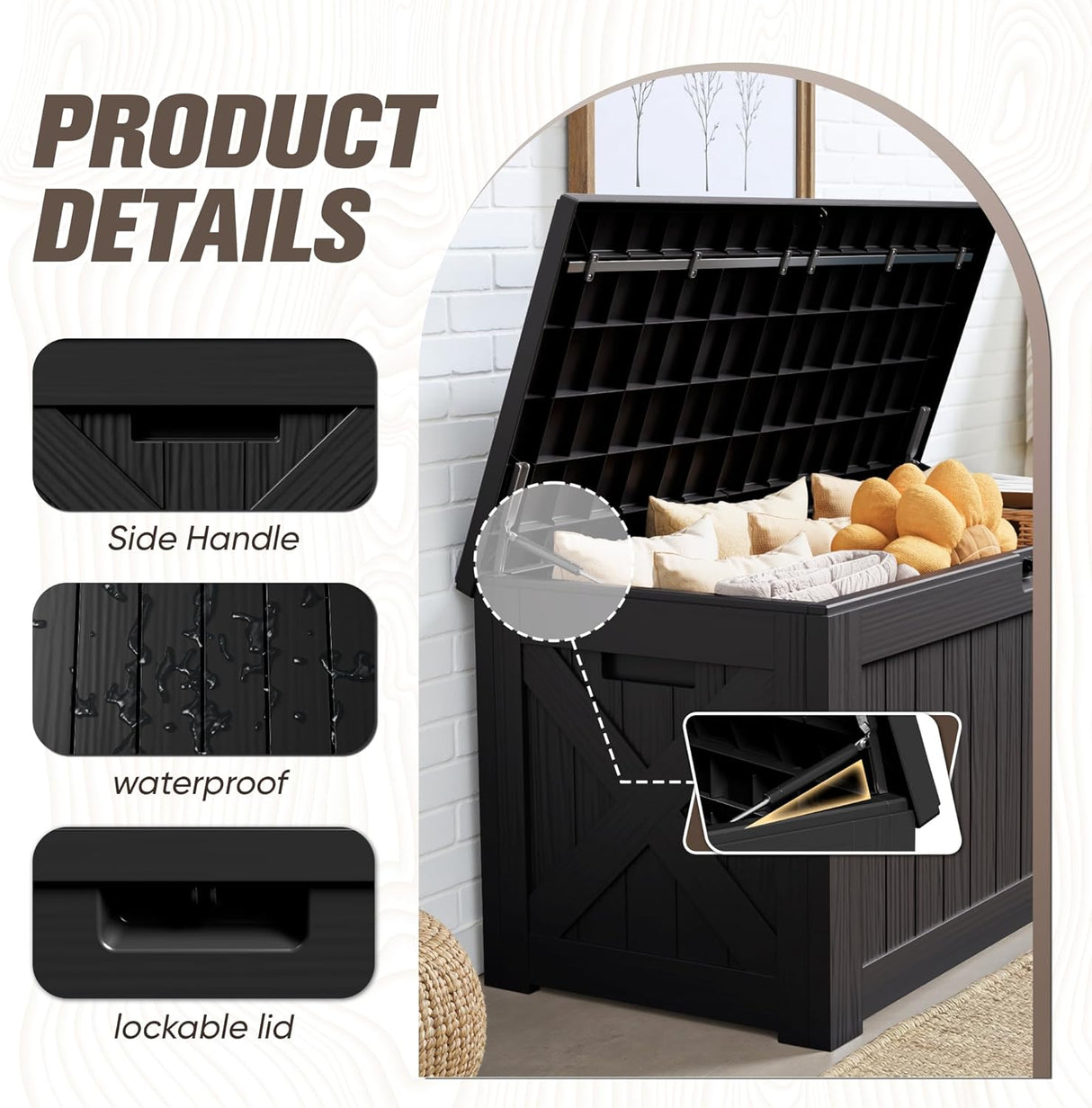 Patioslife 90 gallon deck box with lockable lid and hydraulic hinge, product details