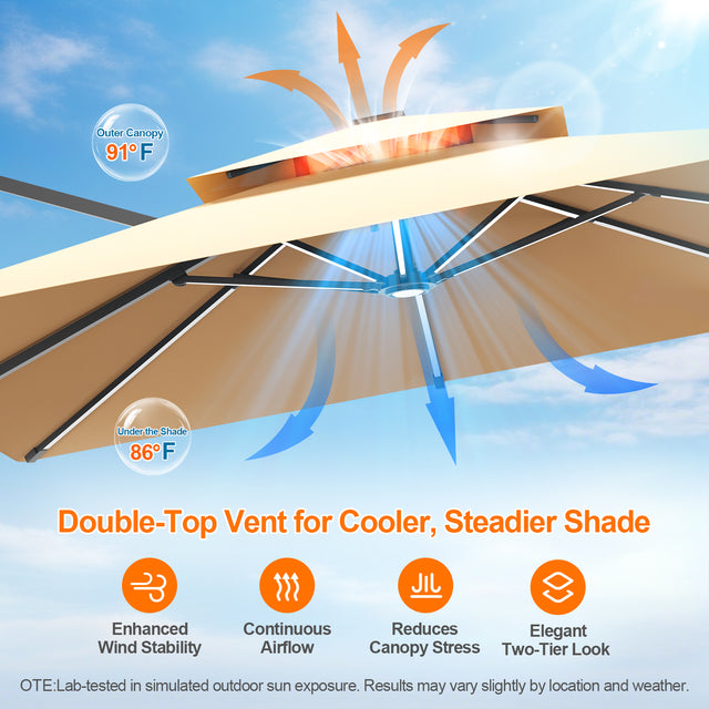 Patioslife beige cantilever umbrella double top vent for airflow wind stability and cooler shade