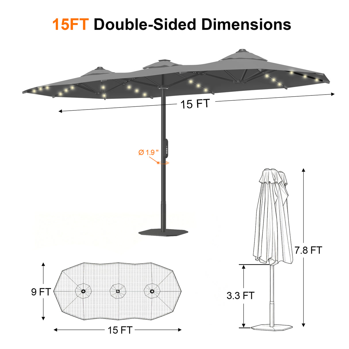 Patioslife Aegis Premium Motorized Double-Sided Patio Umbrella — Remote Control, UPF 50+, Solar LED & Windproof Frame