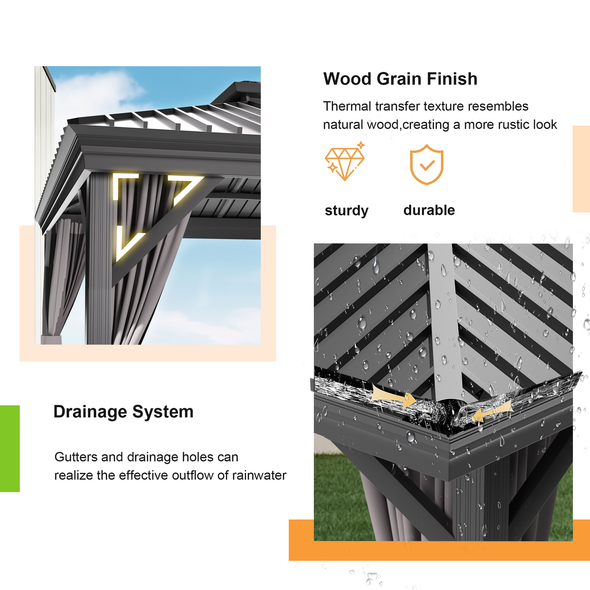 Patioslife grey gazebo wood grain finish with rain drainage system