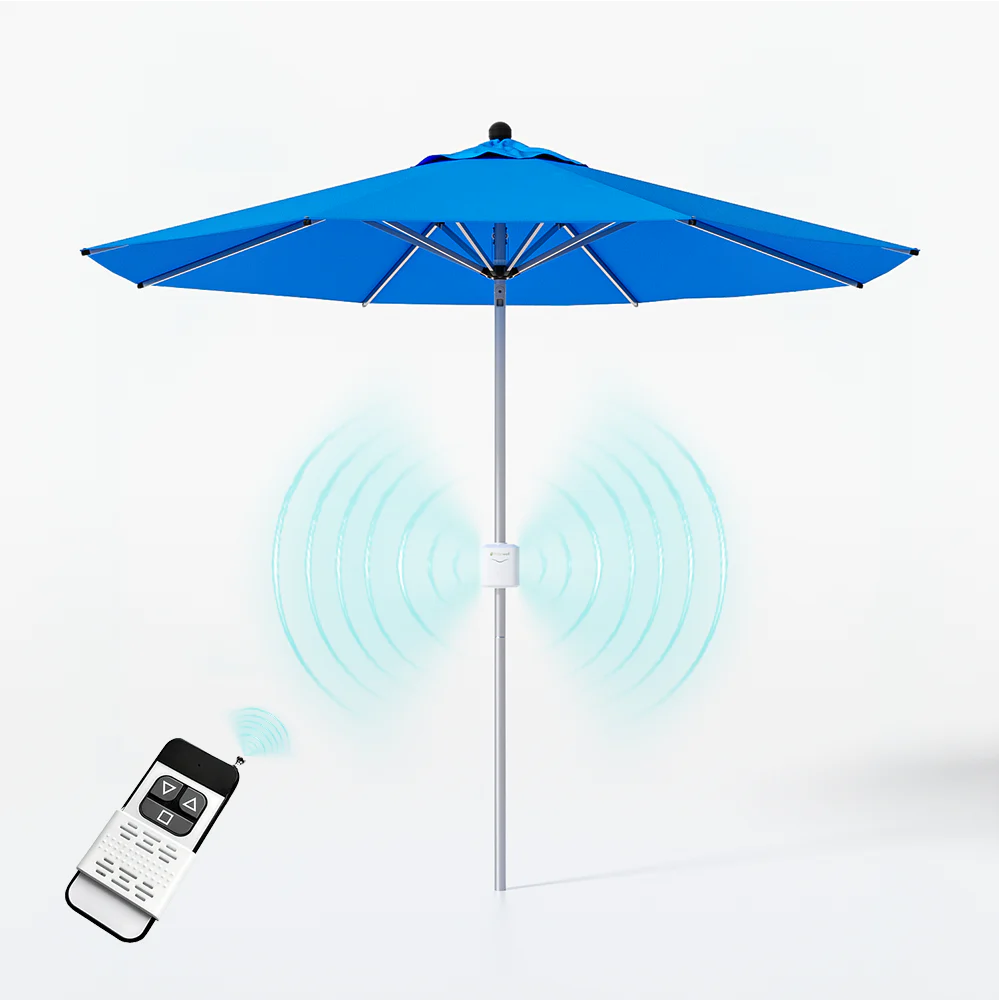 9ft Motorized Patio Umbrella – Remote Control, Easy Tilt Adjustment & Optional Base for Garden, Deck or Poolside Shade