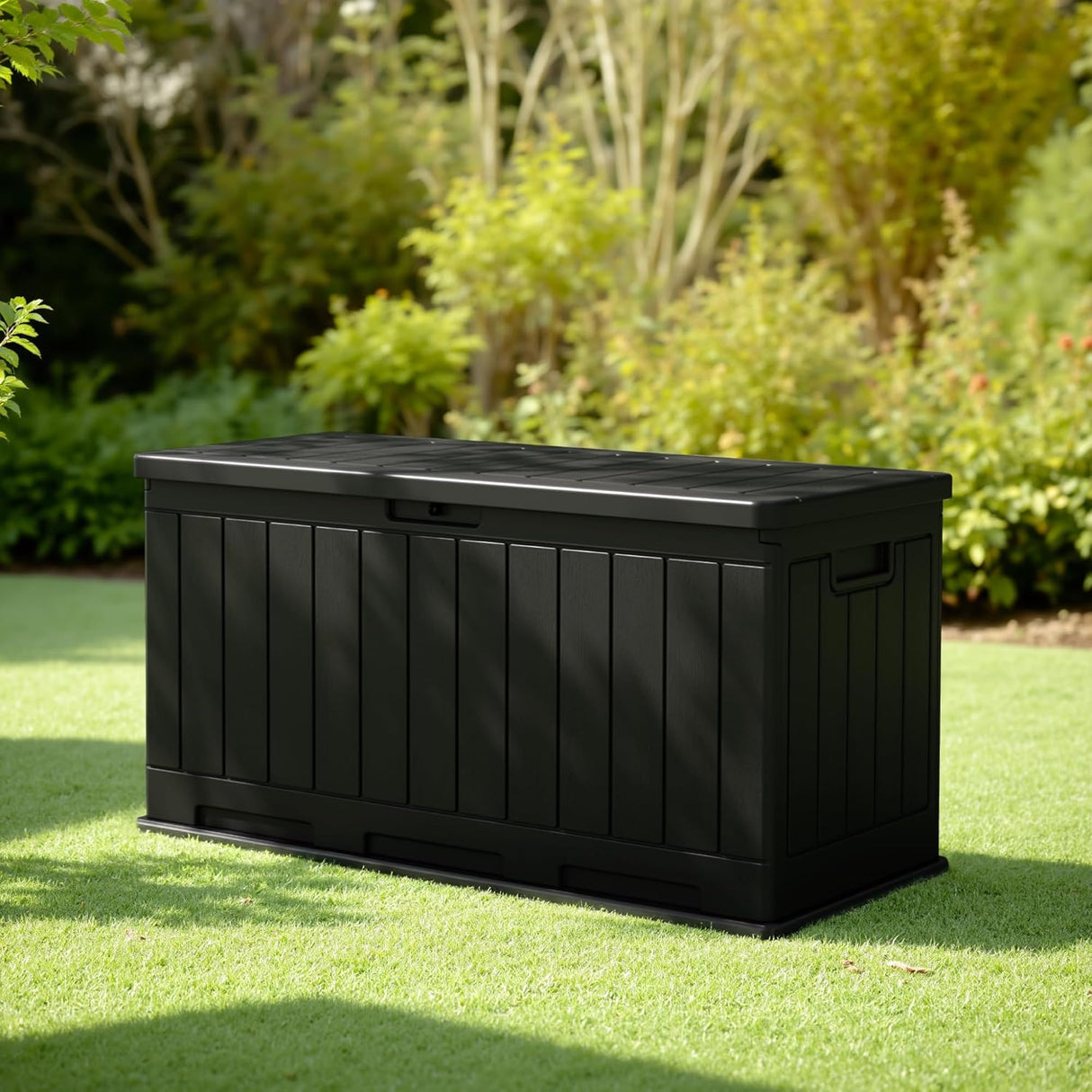 Patioslife 90 gallon weatherproof storage box, garden setting with greenery