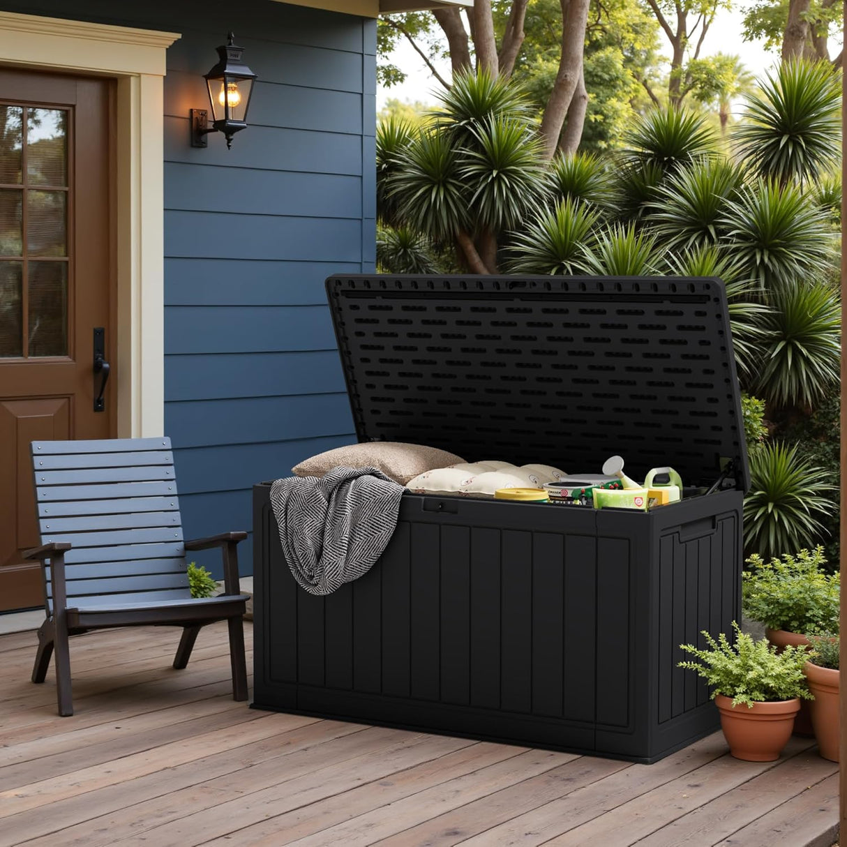 Patioslife 90 gallon black outdoor storage box with cushions, patio deck setting