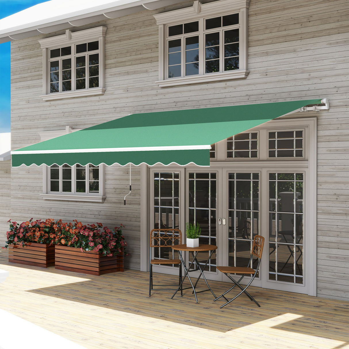 Patioslife 12'x10' Retractable Awning, Green Manual Crank Patio Awning with Water-Repellent Canopy for Deck Balcony