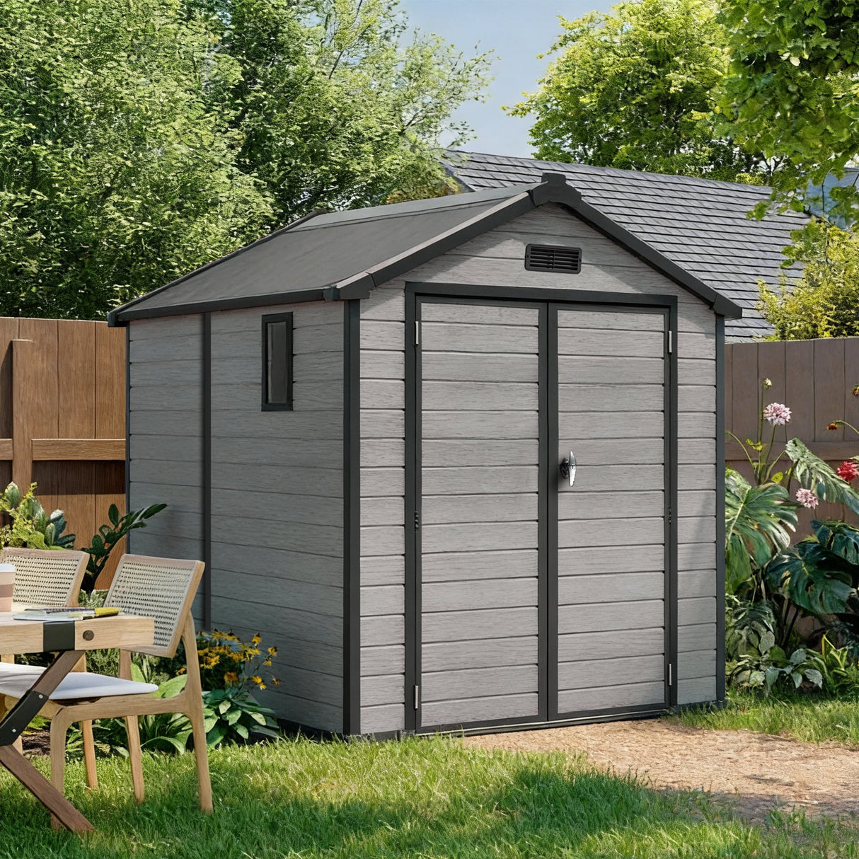 Patioslife 6x6 ft Outdoor Storage Shed, Beige with Gray Roof, Compact Weatherproof Resin Tool Shed for Small Backyards