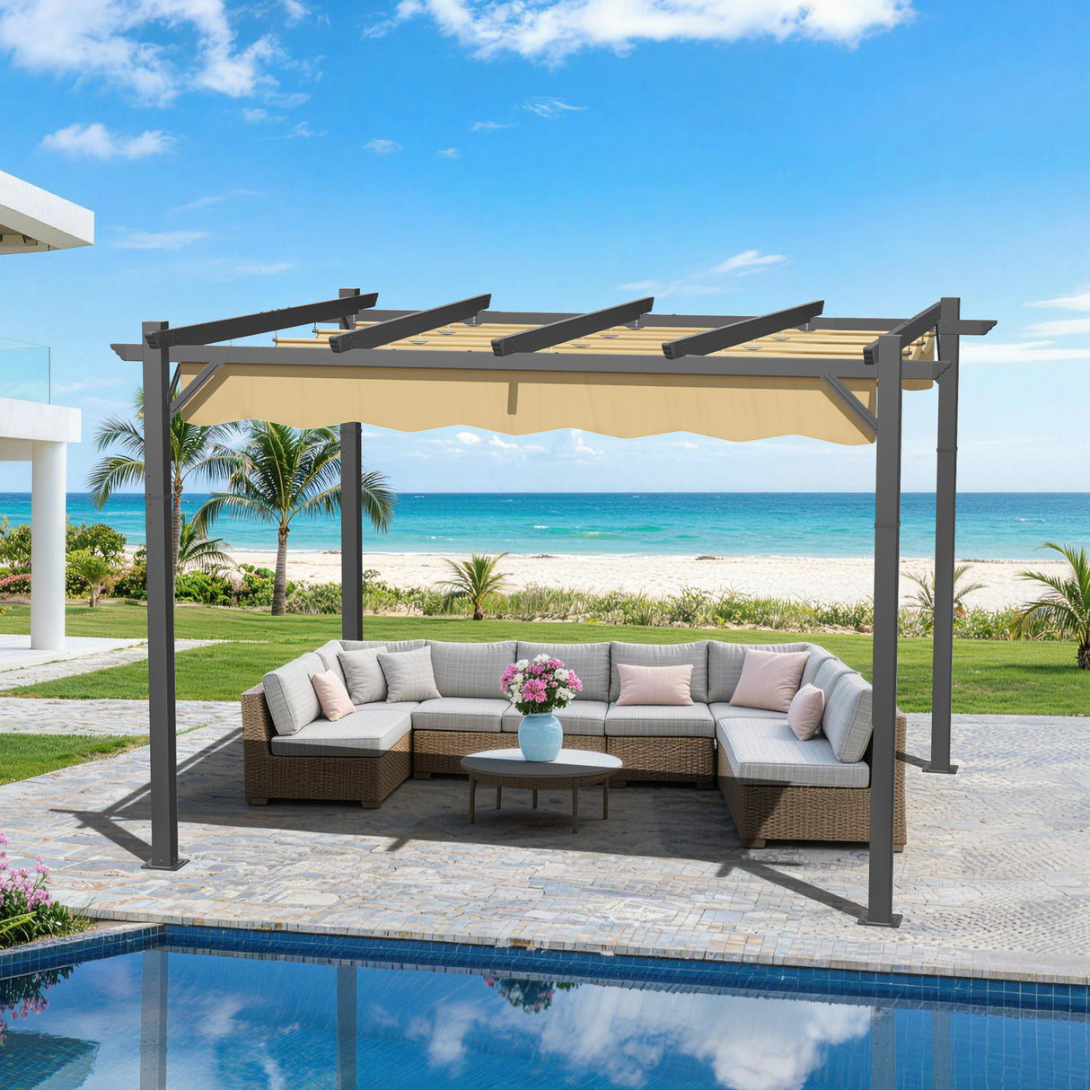 Patioslife Atlantic Retractable Pergola, 10×12ft Beige Canopy Outdoor Shade Structure for Backyard & Poolside