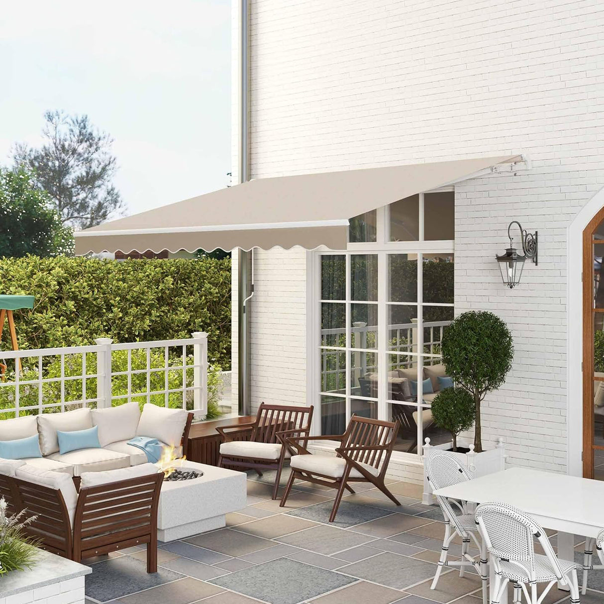 Patioslife Beige 12'x10' Retractable Patio Awning, Manual Crank Outdoor Sun Shade with Aluminum Frame