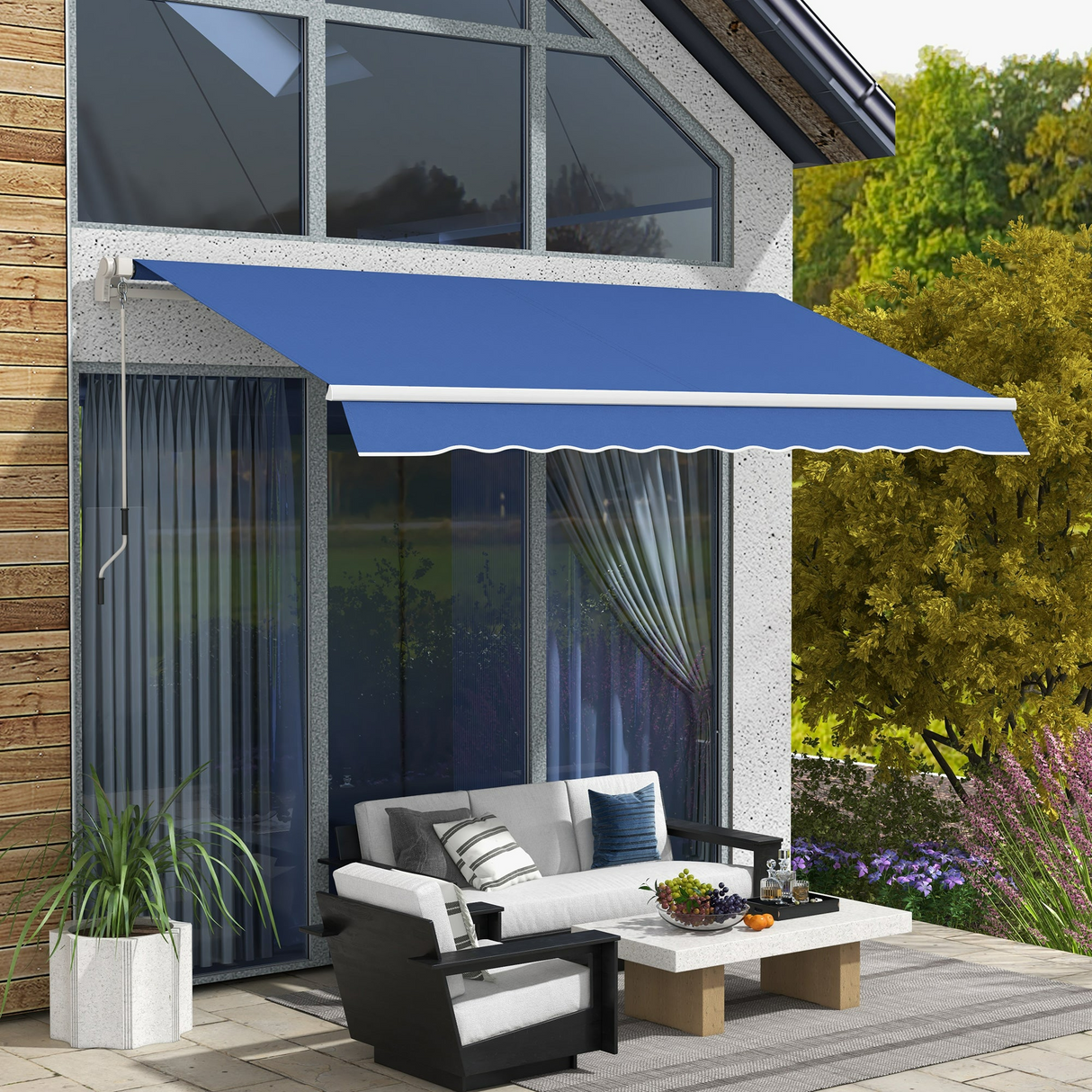 Patioslife Dark Blue 12'x10' Retractable Awning, UV-Resistant Manual Patio Shade with Aluminum Frame