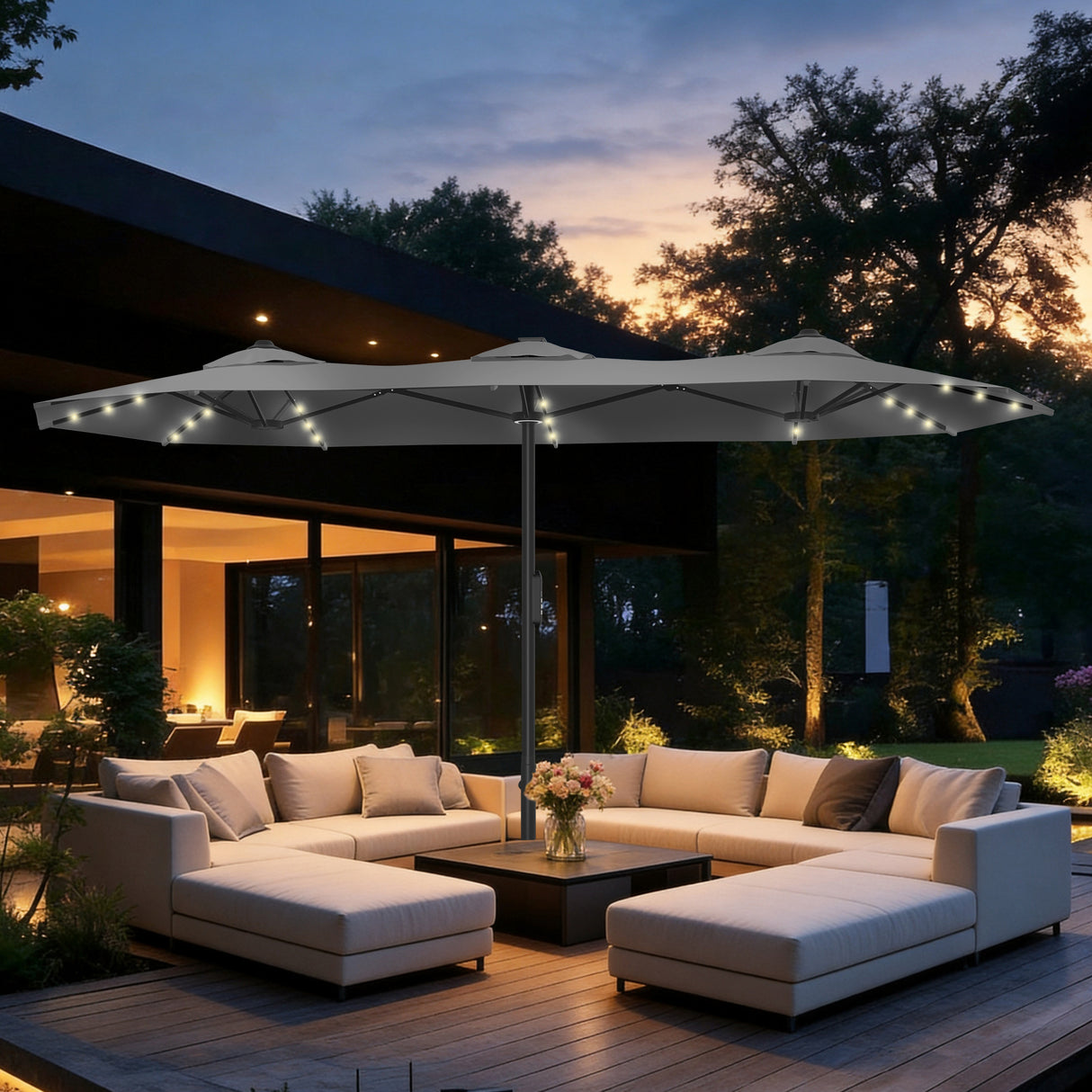 Patioslife grey outdoor patio umbrella with LED lights for backyard sectional sofa and evening patio shade