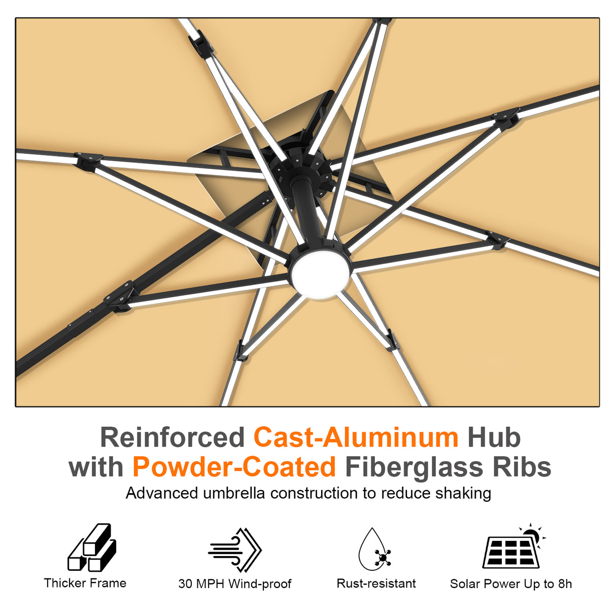 Patioslife beige cantilever umbrella reinforced cast aluminum hub with powder coated fiberglass ribs