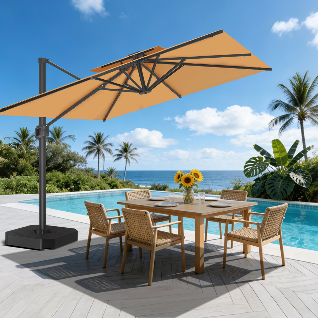 Patioslife 10x13 ft tan cantilever umbrella over poolside dining table with tropical backyard view