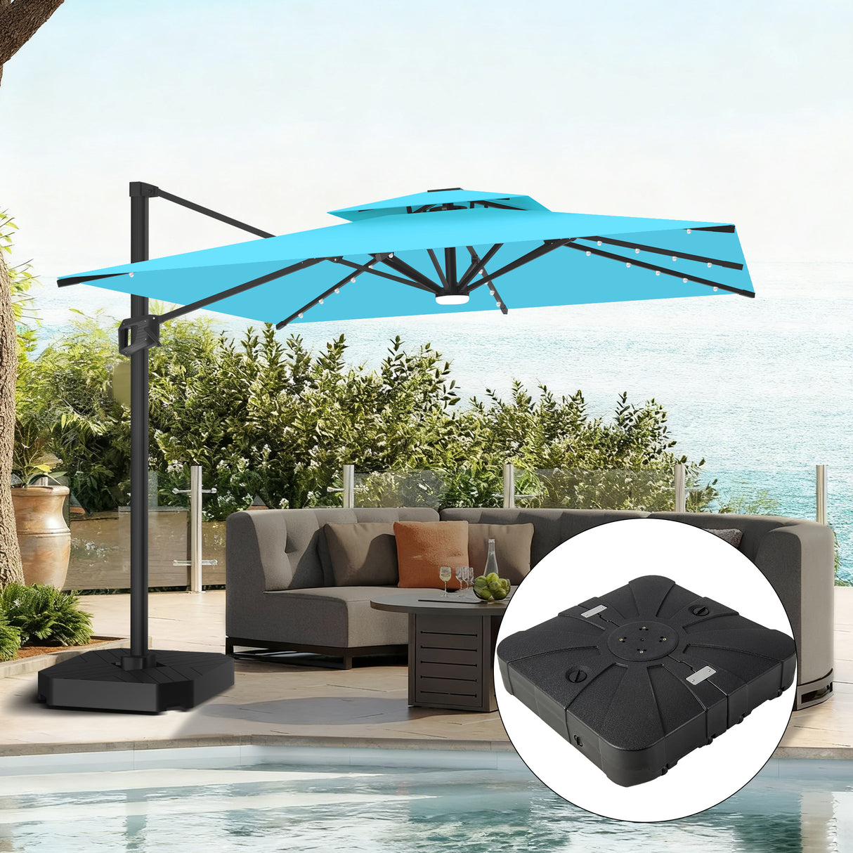Patioslife 10x13ft turquoise cantilever umbrella with LED lights and weighted base for ocean view poolside patio shade