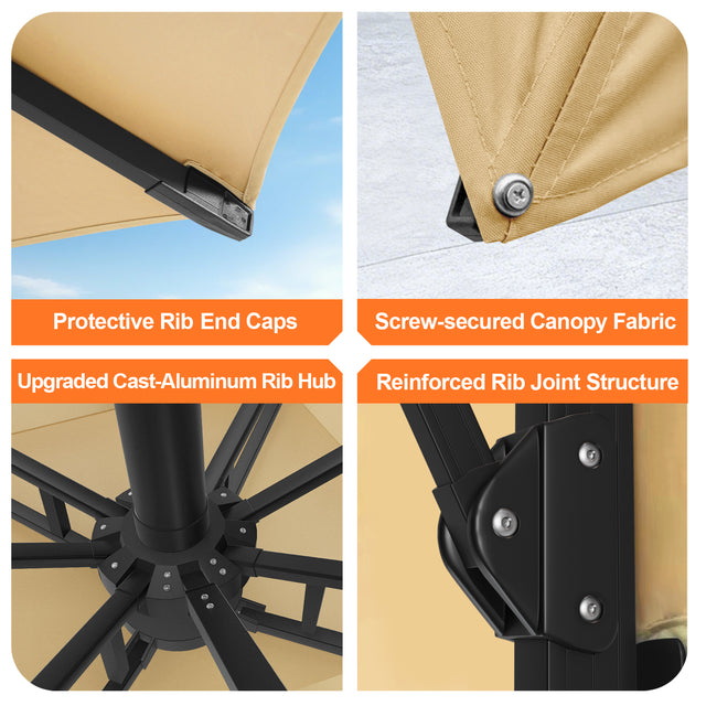 Patioslife cantilever umbrella frame details with protective rib caps screw secured canopy and reinforced joints