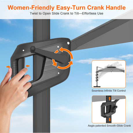 Patioslife Aegis Pro Cantilever Umbrella with Built-In LED Lights and Reinforced Aluminum Ribs and Pole for Patios & Gardens