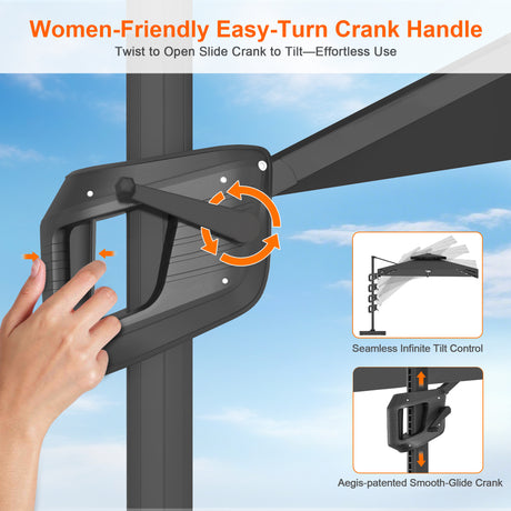 Patioslife Aegis Pro Cantilever Umbrella with Built-In LED Lights and Reinforced Aluminum Ribs and Pole for Patios & Gardens