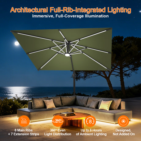 Patioslife Aegis Premium Cantilever Umbrella with Built-In LED Strip Lights and Reinforced Aluminum Ribs & Pole for Patios & Gardens