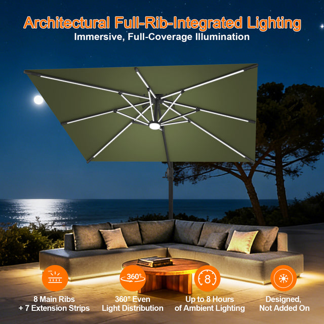 Patioslife Aegis Premium Cantilever Umbrella with Built-In LED Strip Lights and Reinforced Aluminum Ribs & Pole for Patios & Gardens