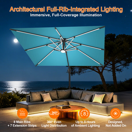 Patioslife Aegis Premium Cantilever Umbrella with Built-In LED Strip Lights and Reinforced Aluminum Ribs & Pole for Patios & Gardens