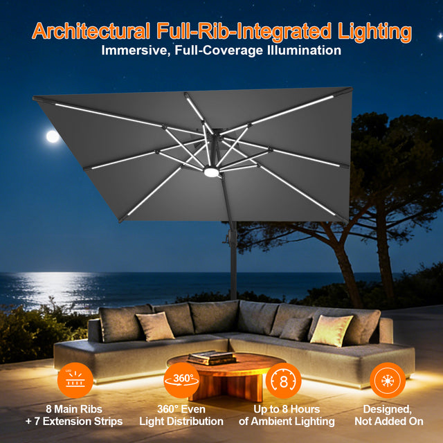 Patioslife Aegis Premium Cantilever Umbrella with Built-In LED Strip Lights and Reinforced Aluminum Ribs & Pole for Patios & Gardens