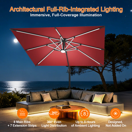 Patioslife Aegis Premium Cantilever Umbrella with Built-In LED Strip Lights and Reinforced Aluminum Ribs & Pole for Patios & Gardens