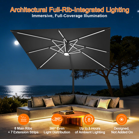 Patioslife Aegis Premium Cantilever Umbrella with Built-In LED Strip Lights and Reinforced Aluminum Ribs & Pole for Patios & Gardens