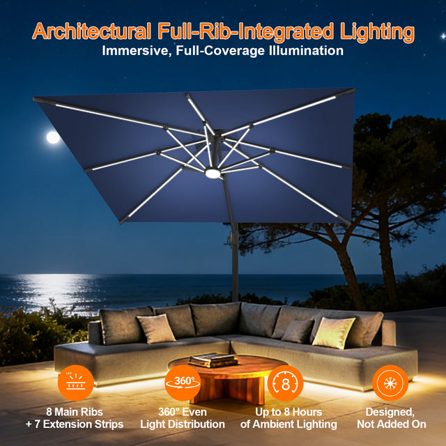 Patioslife Aegis Premium Cantilever Umbrella with Built-In LED Strip Lights and Reinforced Aluminum Ribs & Pole for Patios & Gardens