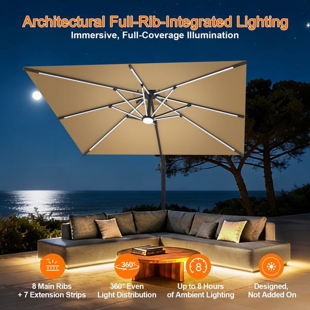 Patioslife Aegis Premium Cantilever Umbrella with Built-In LED Strip Lights and Reinforced Aluminum Ribs & Pole for Patios & Gardens