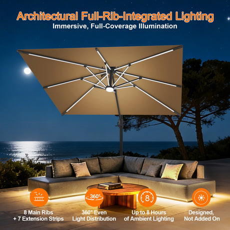 Patioslife Aegis Premium Cantilever Umbrella with Built-In LED Strip Lights and Reinforced Aluminum Ribs & Pole for Patios & Gardens