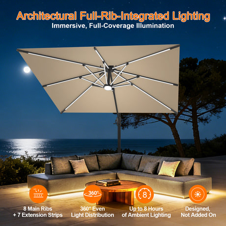 Patioslife Aegis Premium Cantilever Umbrella with Built-In LED Strip Lights and Reinforced Aluminum Ribs & Pole for Patios & Gardens