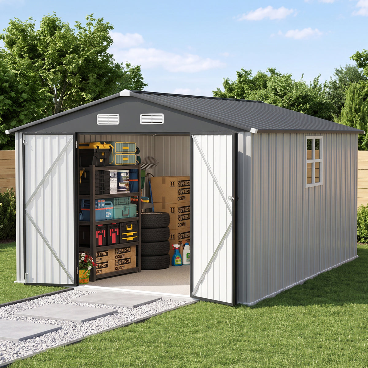 Patioslife YardVault Pro Metal Storage Shed with Window, Galvanized Steel Outdoor Tool Shed