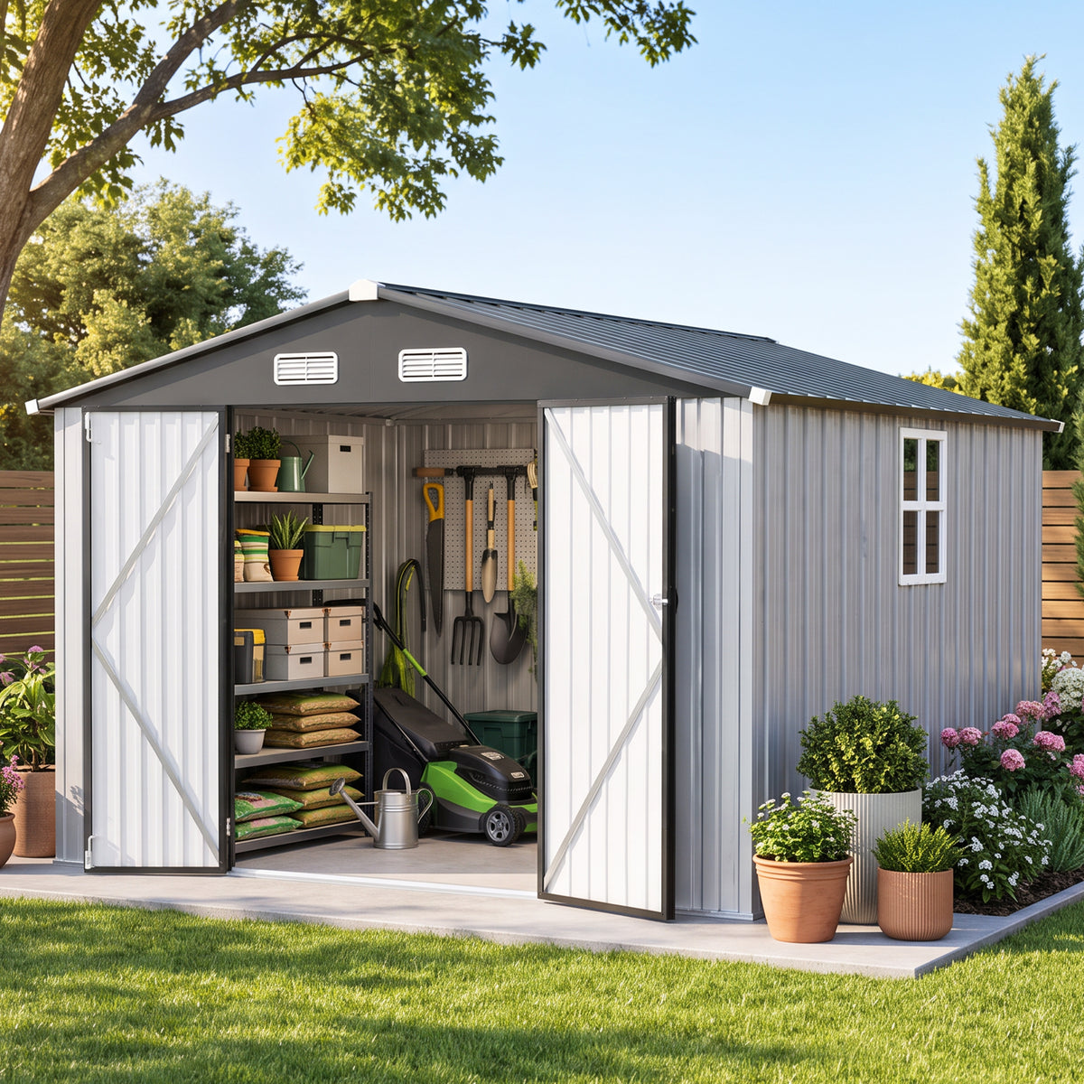 Patioslife YardVault Pro Metal Storage Shed with Window, Galvanized Steel Outdoor Tool Shed