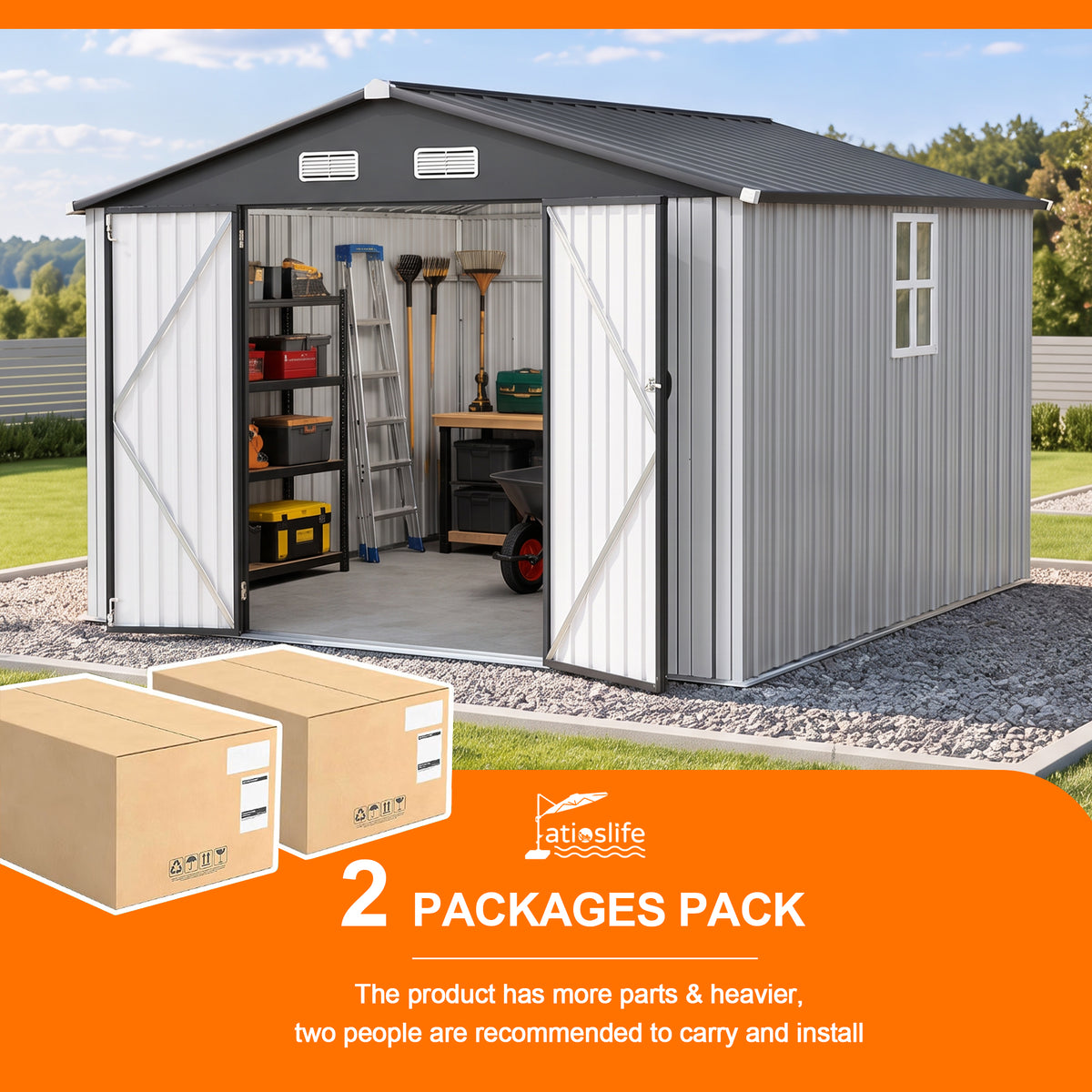 Patioslife YardVault Pro Metal Storage Shed with Window, Galvanized Steel Outdoor Tool Shed