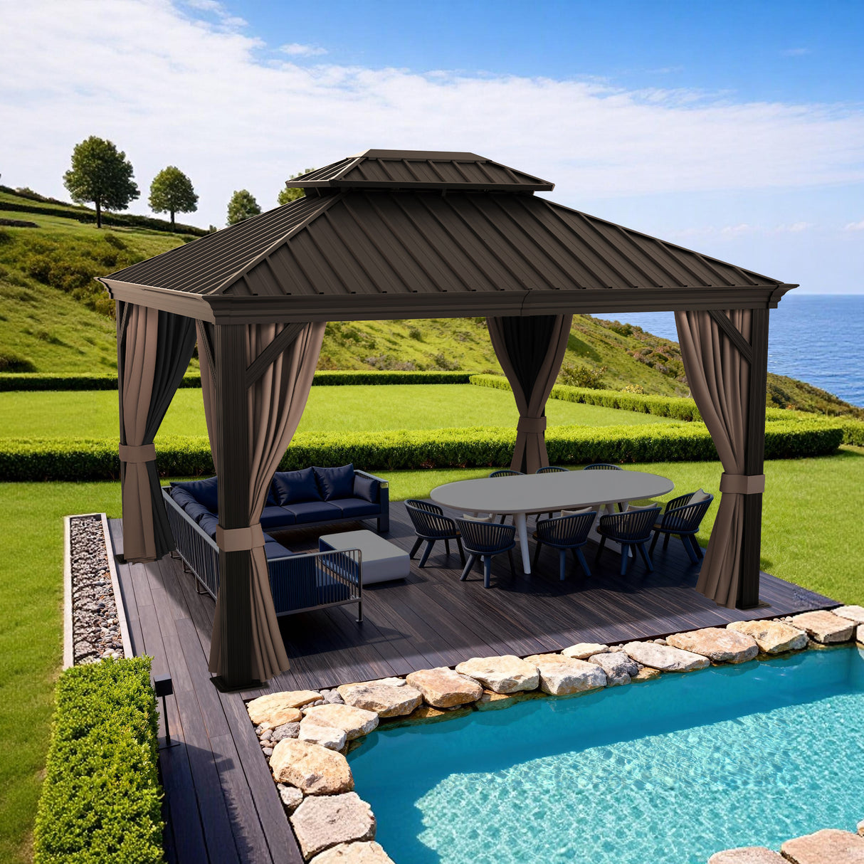 Patioslife Haven Hardtop Gazebo Reinforced 4.7" x 4.7" Aluminum Posts, Galvanized Steel Roof with Drainage Gutters, Double-Vented Hardtop Gazebo with Curtains & Netting for Backyard Patio