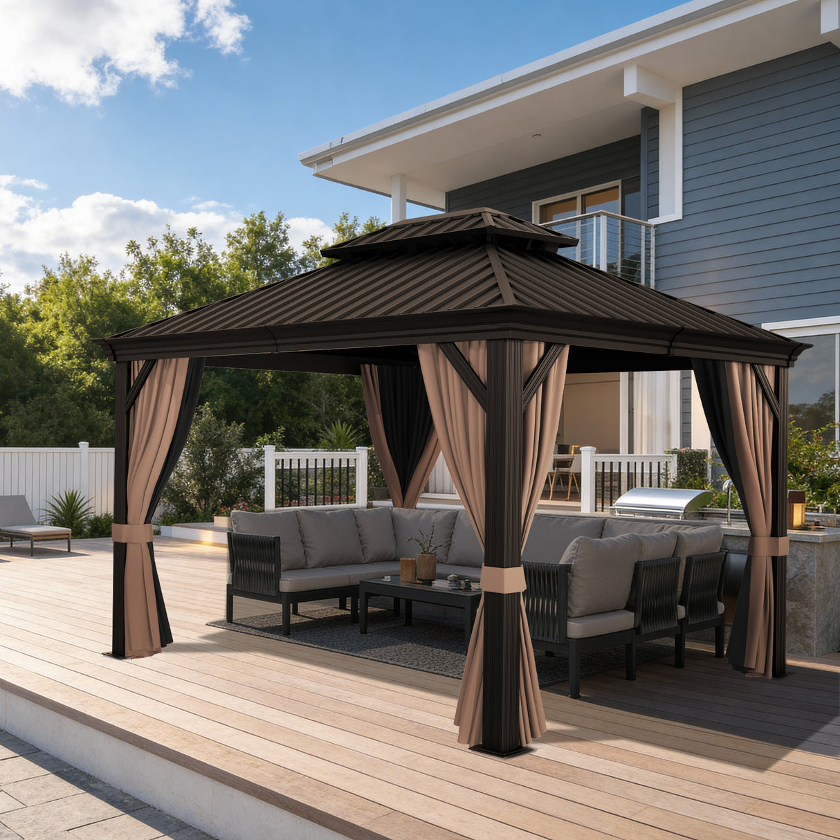 Patioslife Haven Hardtop Gazebo Reinforced 4.7" x 4.7" Aluminum Posts, Galvanized Steel Roof with Drainage Gutters, Double-Vented Hardtop Gazebo with Curtains & Netting for Backyard Patio