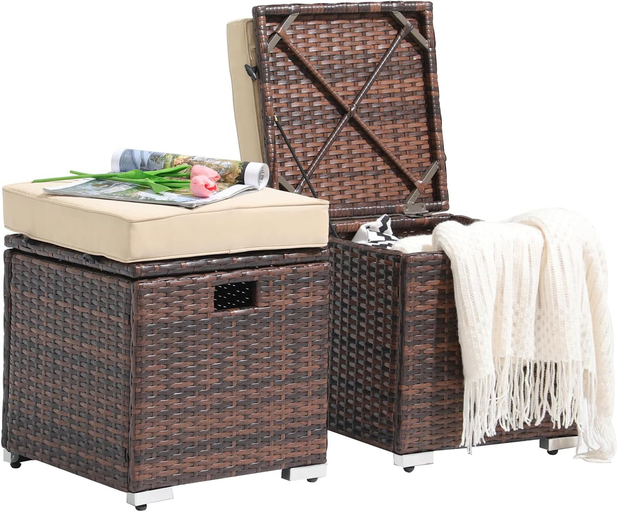 Patioslife Outdoor Ottoman with Storage – Grey PE Rattan Footrest with Thick Cushion for Patio or Pool