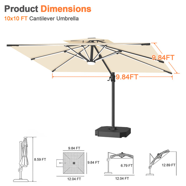 Patioslife Aegis Premium Cantilever Umbrella with Full-Rib LED Strip Lighting, Fibreglass Ribs and Powder-Coated Aluminium Pole for Luxury Garden & Patio Shade