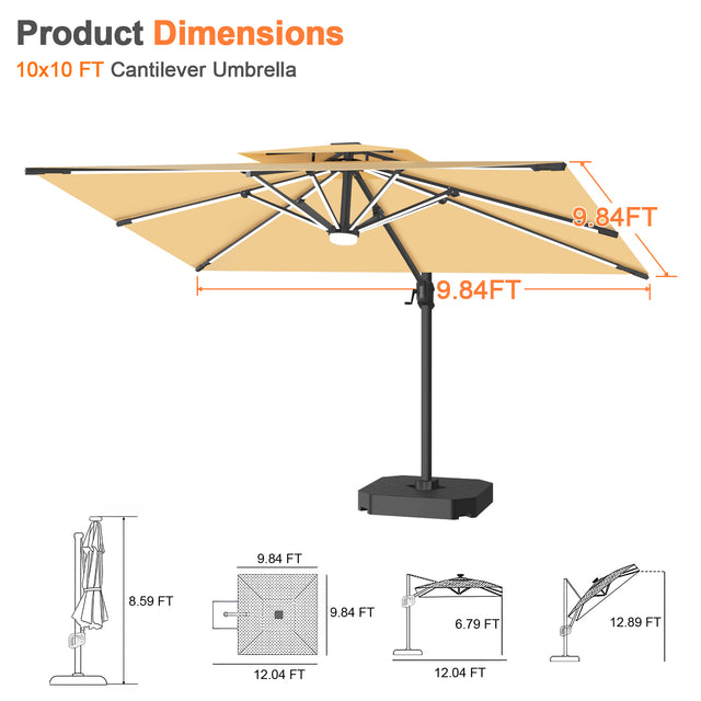 Patioslife Aegis Premium Cantilever Umbrella with Full-Rib LED Strip Lighting, Fibreglass Ribs and Powder-Coated Aluminium Pole for Luxury Garden & Patio Shade