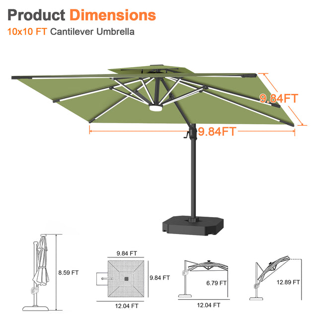 Patioslife Aegis Premium Cantilever Umbrella with Full-Rib LED Strip Lighting, Fibreglass Ribs and Powder-Coated Aluminium Pole for Luxury Garden & Patio Shade