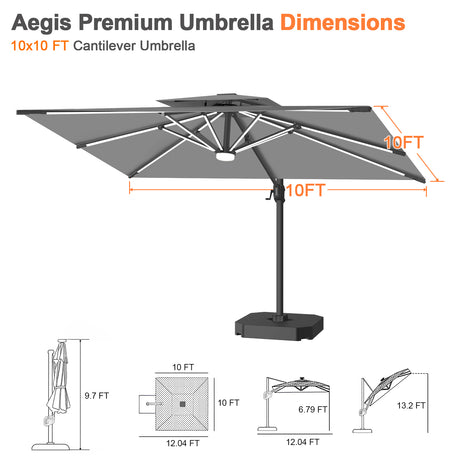 Patioslife Aegis Premium Cantilever Umbrella with Built-In LED Strip Lights and Reinforced Aluminum Ribs & Pole for Patios & Gardens