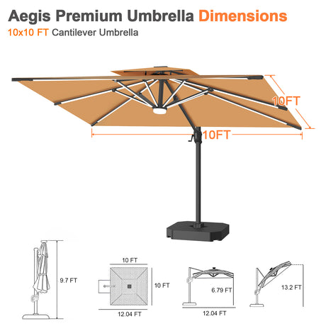 Patioslife Aegis Premium Cantilever Umbrella with Built-In LED Strip Lights and Reinforced Aluminum Ribs & Pole for Patios & Gardens