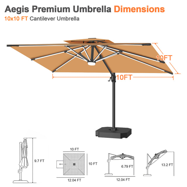 Patioslife Aegis Premium Cantilever Umbrella with Built-In LED Strip Lights and Reinforced Aluminum Ribs & Pole for Patios & Gardens