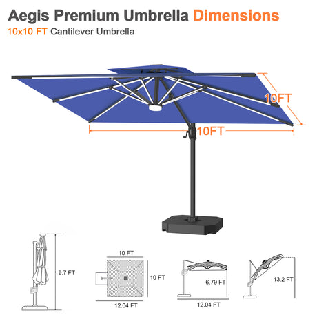 Patioslife Aegis Premium Cantilever Umbrella with Built-In LED Strip Lights and Reinforced Aluminum Ribs & Pole for Patios & Gardens