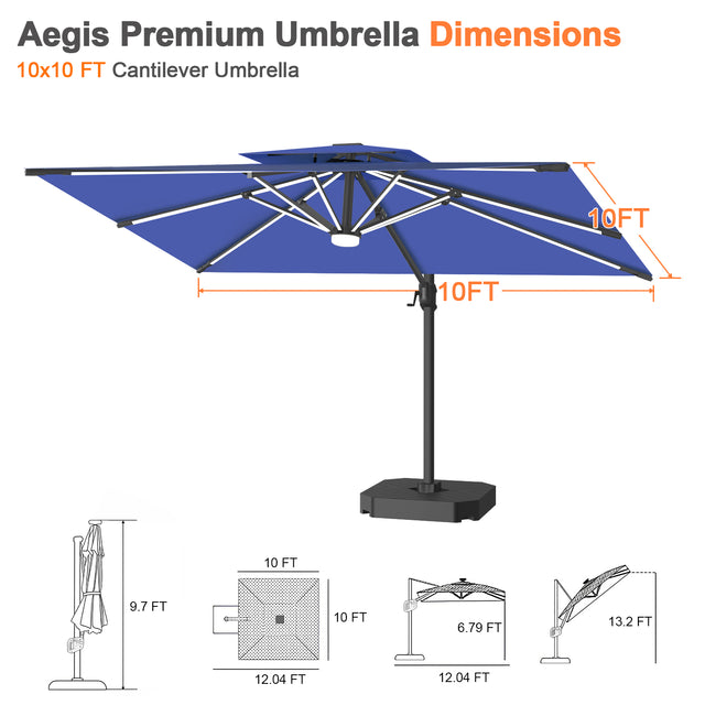 Patioslife Aegis Premium Cantilever Umbrella with Built-In LED Strip Lights and Reinforced Aluminum Ribs & Pole for Patios & Gardens