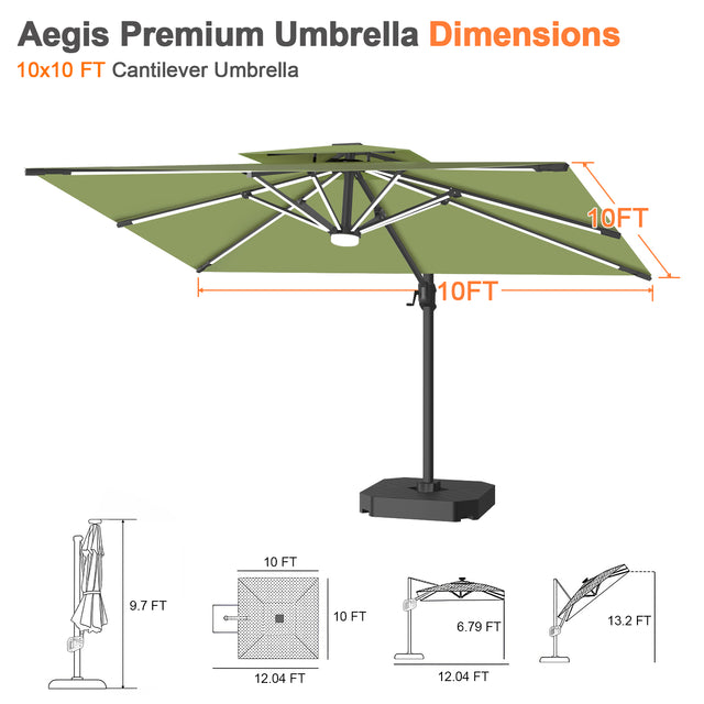 Patioslife Aegis Premium Cantilever Umbrella with Built-In LED Strip Lights and Reinforced Aluminum Ribs & Pole for Patios & Gardens