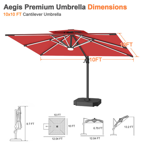 Patioslife Aegis Premium Cantilever Umbrella with Built-In LED Strip Lights and Reinforced Aluminum Ribs & Pole for Patios & Gardens