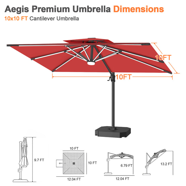 Patioslife Aegis Premium Cantilever Umbrella with Built-In LED Strip Lights and Reinforced Aluminum Ribs & Pole for Patios & Gardens